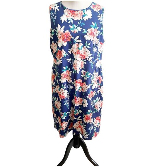 Land’s End Women’s Plus Size 20W Floral Sheath Dress Blue Pockets Scoop Neck - Picture 1 of 14
